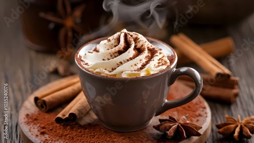 Steaming hot cocoa with whipped cream on wooden board