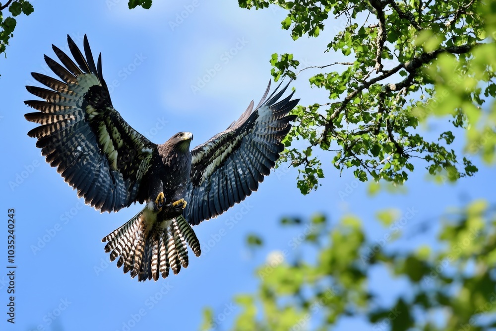 A majestic hawk soars gracefully through the clear blue sky above vibrant green trees A majestic hawk soars gracefully through the clear blue sky above vibrant green trees