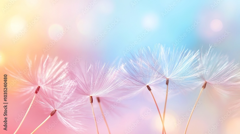 Naklejka premium Delicate Dandelion Seeds Against Soft Pastel Background