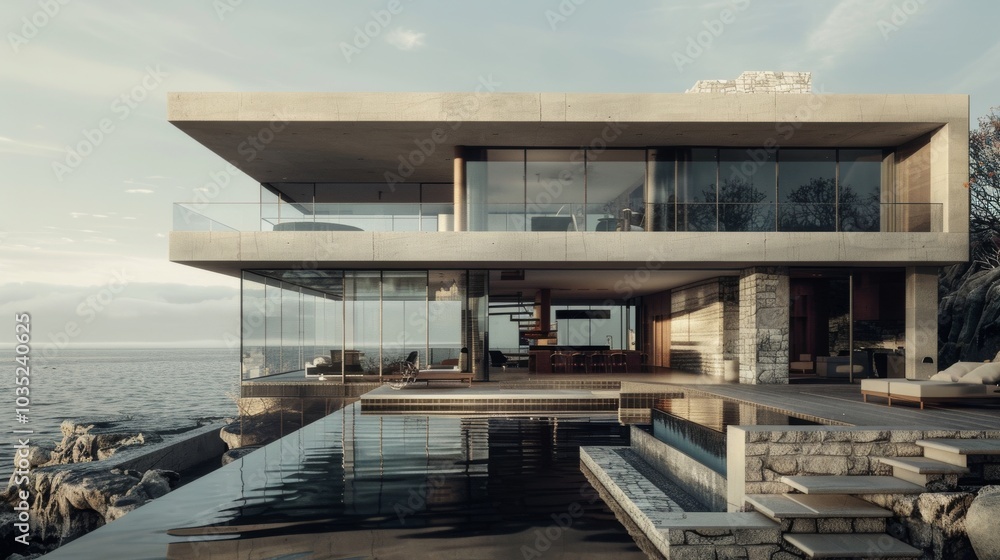 A contemporary two-story villa by the sea, featuring a large terrace and an empty pool space in front. The villa is made of stone and glass A contemporary two-story villa by the sea, featuring a large terrace and an empty pool space in front. The villa is made of stone and glass