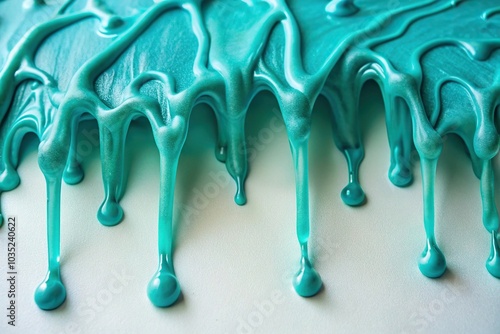 A collection of dripping turquoise slime on a plain white surface, forming intricate patterns and shapes that seem to shift and move, creative visuals, white background, fluid dynamics photo