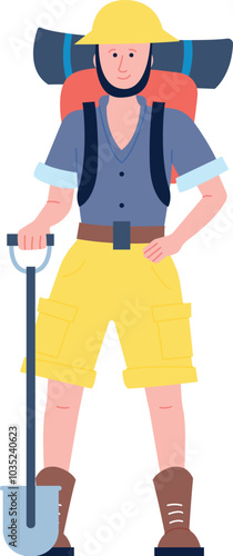 Hiking man. Trekking tourist character. Outdoor traveler