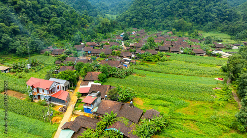 Aerial view of an ancient rock village in Cao Bang, Vietnam. Lung Ri ancient tile making village of the Nung An ethnic group. photo