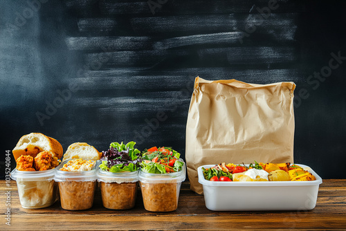 Healthy takeout meal prep with colorful salads and packed food options on a wooden table against a dark chalkboard backdrop. Generative AI photo