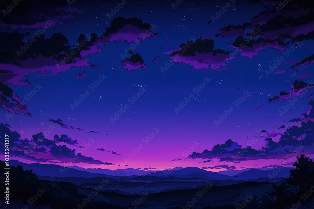 Naklejka premium A vibrant twilight sky over serene mountains embraces the tranquil evening horizon