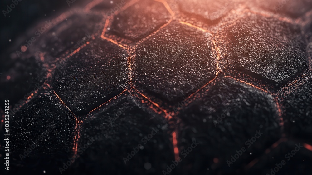 Close-up of a textured surface with hexagonal patterns and glowing edges, creating a mysterious and futuristic ambiance. Close-up of a textured surface with hexagonal patterns and glowing edges, creating a mysterious and futuristic ambiance.