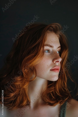 Portrait of a woman with vibrant red hair, focused on her face