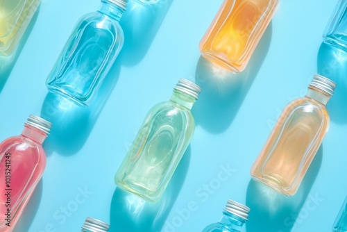 A flat lay of colorful bottles with pastel-colored liquid inside, arranged on a blue background.