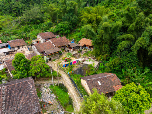 Aerial view of an ancient rock village in Trung Khanh, Cao Bang, Vietnam. Khuoi Ky old village of the Tay ethnic group. photo