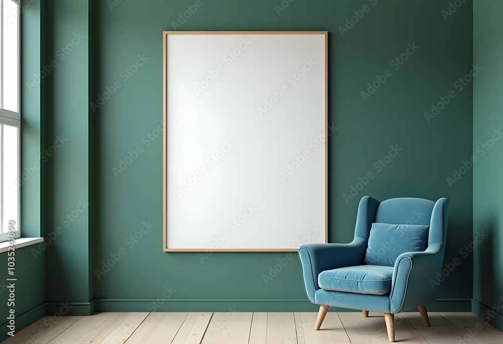 Wicker chair and empty picture frame on blue wall background
Wicker chair and empty picture frame on blue wall background