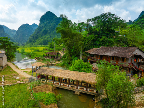 Aerial view of an ancient rock village in Trung Khanh, Cao Bang, Vietnam. Khuoi Ky old village of the Tay ethnic group. photo