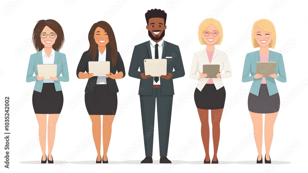 Cartoon vector style business team of diverse people, smiling and holding clipboards, white background Cartoon vector style business team of diverse people, smiling and holding clipboards, white background