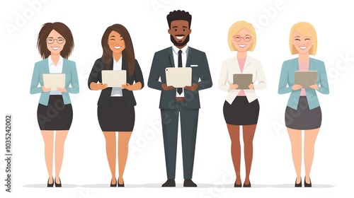 Cartoon vector style business team of diverse people, smiling and holding clipboards, white background