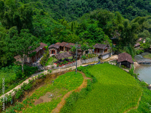 Aerial view of an ancient rock village in Trung Khanh, Cao Bang, Vietnam. Khuoi Ky old village of the Tay ethnic group. photo