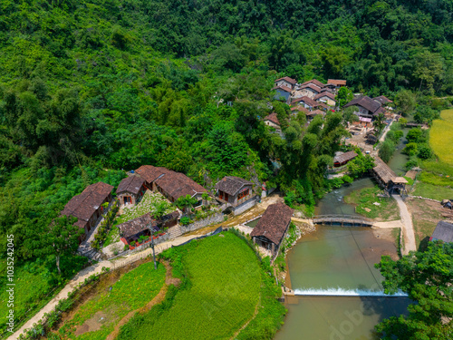 Aerial view of an ancient rock village in Trung Khanh, Cao Bang, Vietnam. Khuoi Ky old village of the Tay ethnic group. photo