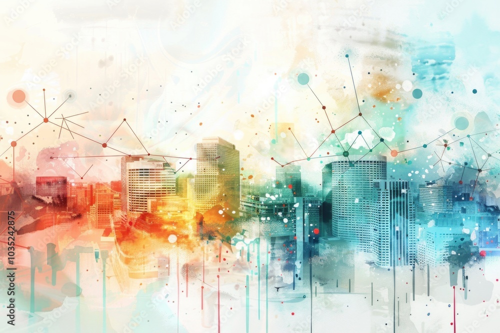 Obraz premium Watercolor cityscape with modern architecture and urban landscape