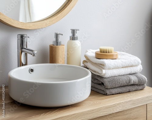 Elegant bathroom setup with modern sink, towels, and natural elements at a tranquil retreat