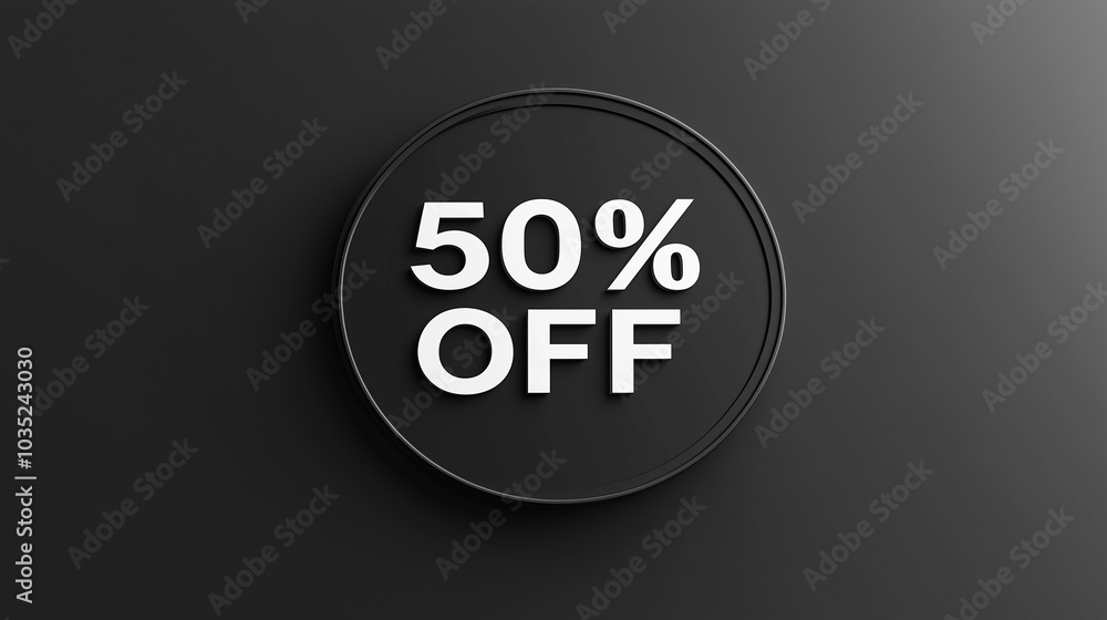 Promotional discount offering 50% off on products with simple design against a dark background Promotional discount offering 50% off on products with simple design against a dark background