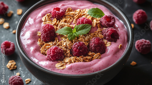 Top view of a healthy smoothie bowl with fresh fruits and granola, ideal for food, health, or wellness-related advertising.