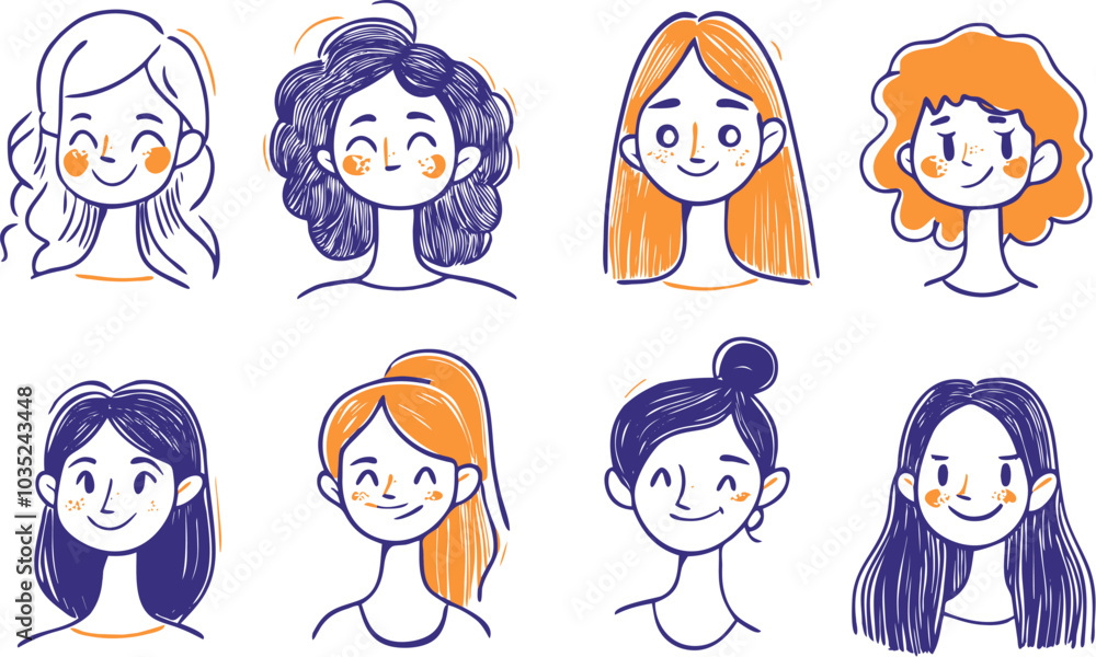 Female hand drawn cartoon avatar icon collection. User profile people for social media and websites Female hand drawn cartoon avatar icon collection. User profile people for social media and websites