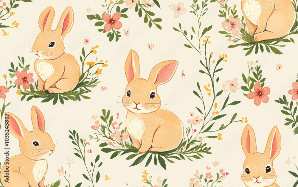 Obraz premium A creative seamless Easter pattern with cute bunnies and blooming flowers, hand-drawn using markers for a whimsical and charming holiday look