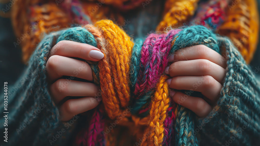 Close-up of hands knitting a colorful woolen scarf, ideal for craft, DIY, or fashion-related advertising. Close-up of hands knitting a colorful woolen scarf, ideal for craft, DIY, or fashion-related advertising.