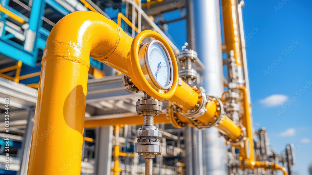 Yellow industrial pipe with gauge against a clear blue sky, focused shot, high detail. Yellow industrial pipe with gauge against a clear blue sky, focused shot, high detail.