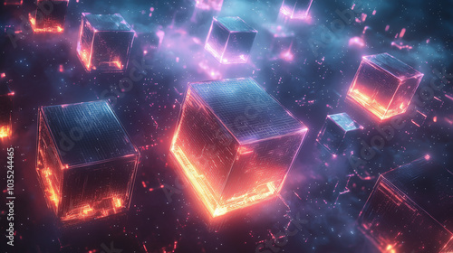 Abstract digital art featuring neon lights and 3D cubes, ideal for tech or gaming advertising campaigns.