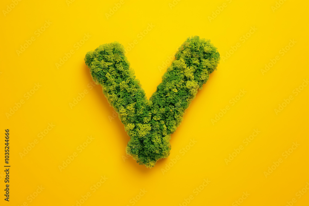 Green moss letter V against a bright yellow background designed for an eco-friendly concept or environmental message. Generative AI Green moss letter V against a bright yellow background designed for an eco-friendly concept or environmental message. Generative AI