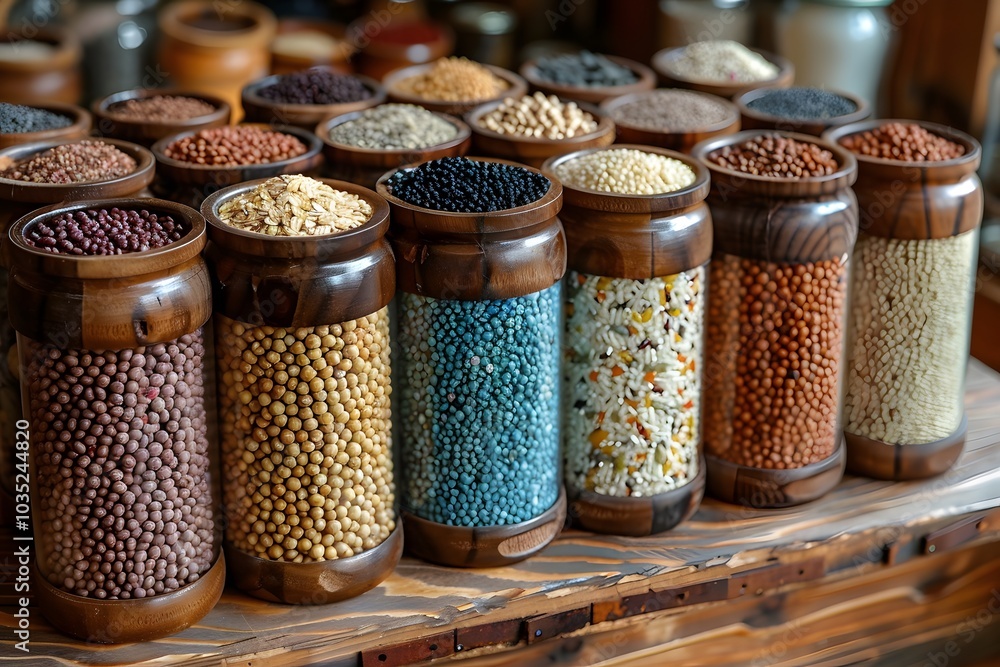 Assorted Grains and Legumes in Wooden Jars - Rustic Kitchen Decor and Storage Assorted Grains and Legumes in Wooden Jars - Rustic Kitchen Decor and Storage
