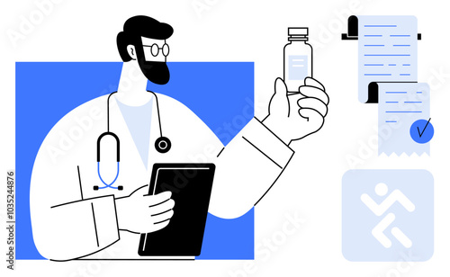 Doctor holding a tablet and a medicine vial while reviewing a prescription. Ideal for healthcare, medical, doctor consultation, prescription management, and telemedicine themes. Simple line style