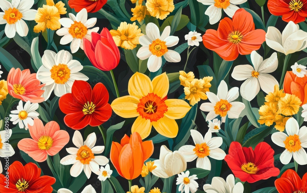A seamless pattern featuring bright spring flowers in vibrant colors, showcasing a variety of blooms like tulips, daisies, and daffodils A seamless pattern featuring bright spring flowers in vibrant colors, showcasing a variety of blooms like tulips, daisies, and daffodils