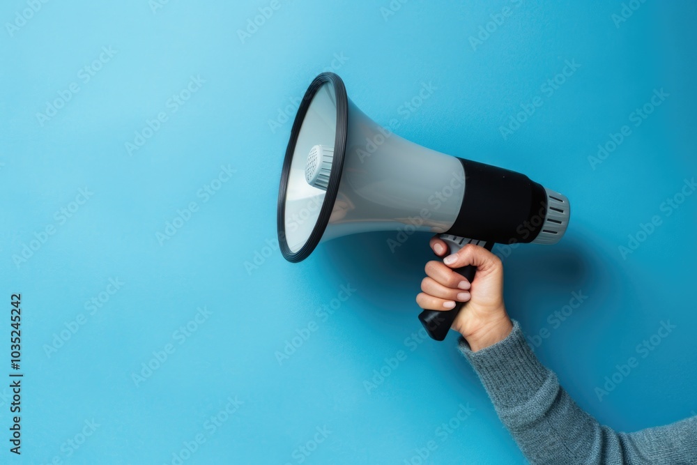 A person holding a megaphone in front of a blue wall, ideal for use in demonstrations, protests, or political events A person holding a megaphone in front of a blue wall, ideal for use in demonstrations, protests, or political events