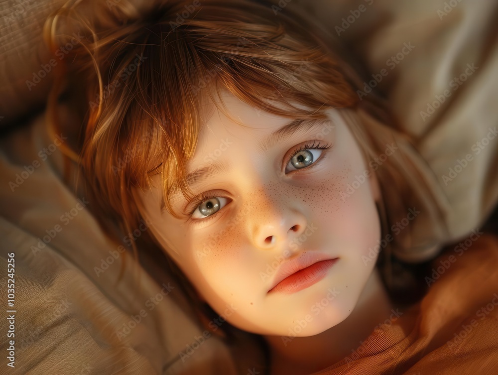 Child with cramping stomach, alienated by friends, lying on couch, soft evening light, close-up, tear-streaked face, feeling of angst Child with cramping stomach, alienated by friends, lying on couch, soft evening light, close-up, tear-streaked face, feeling of angst