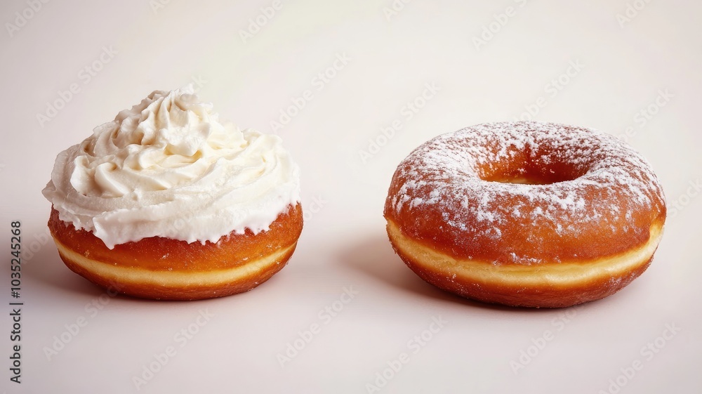 Frosted doughnut with cream, plain powdered sugar Frosted doughnut with cream, plain powdered sugar