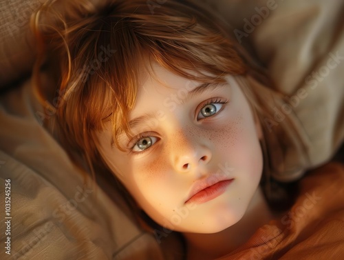 Child with cramping stomach, alienated by friends, lying on couch, soft evening light, close-up, tear-streaked face, feeling of angst