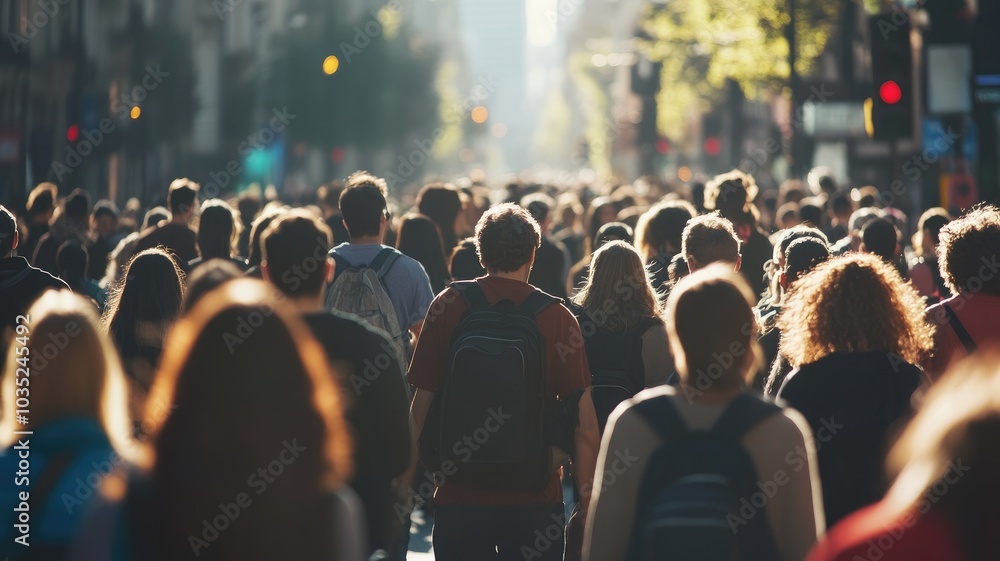 Diverse crowd of people walking in sunlit city street, showcasing urban life Diverse crowd of people walking in sunlit city street, showcasing urban life