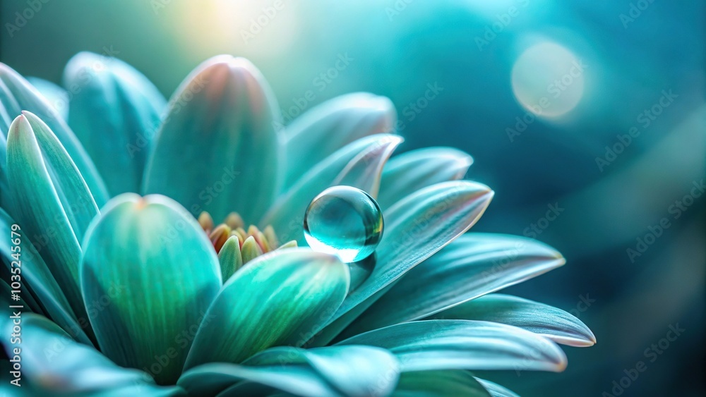 Fototapeta premium A delicate teal droplet of water clings to the edge of a flower petal, petals, intricate, floral