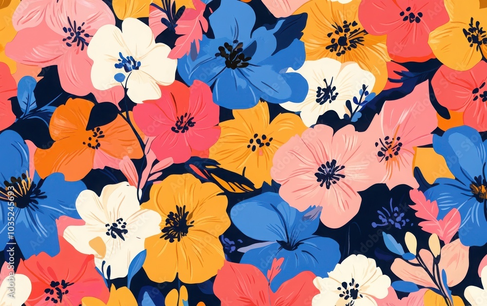 A visually striking seamless pattern of bright spring flowers, highlighting blooming petals in a range of colors for a joyful and energetic springtime look A visually striking seamless pattern of bright spring flowers, highlighting blooming petals in a range of colors for a joyful and energetic springtime look