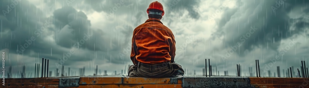 Obraz premium Construction worker with throbbing back, straining to lift, yearning for rest, sitting alone on beam, overcast sky, gritty realism