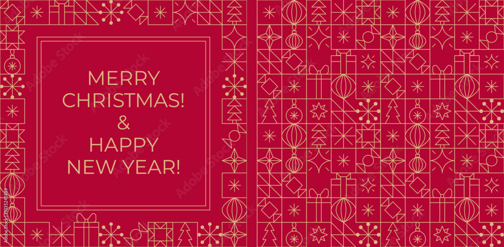 Gold line Christmas card and seamless pattern. Christmas and New Year linear frame and geometric icon grid background. Gold line Christmas card and seamless pattern. Christmas and New Year linear frame and geometric icon grid background.