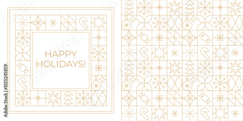 Gold line Christmas greeting card and seamless pattern. Christmas New Year geometric linear frame, icon grid background.