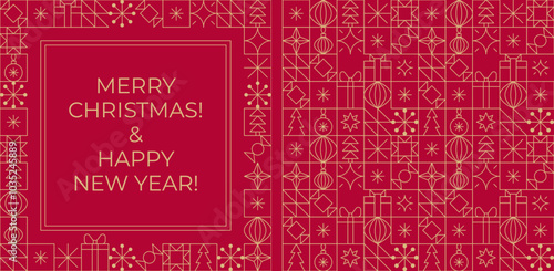 Gold line Christmas card and seamless pattern. Christmas and New Year linear frame and geometric icon grid background.