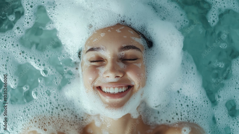 Portrait of beaming woman rubbing body with foam while standing under steam of water. Copy space Portrait of beaming woman rubbing body with foam while standing under steam of water. Copy space