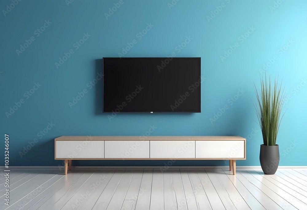 TV wide screen on the TV stand in modern living room with white wall. Side view. 3d illustration
TV wide screen on the TV stand in modern living room with white wall. Side view. 3d illustration