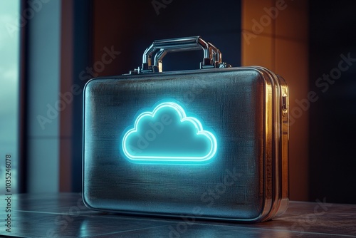 A metallic briefcase with a 3D cloud icon embedded on the surface, representing cloud-based solutions. 