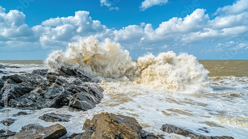 Waves Crashing Against Rocky Coastline Under a Cloudy Sky photo