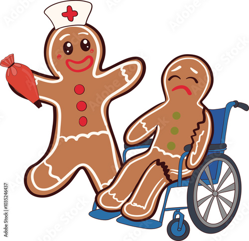 Did You Try Icing It? Gingerbread School Nurse Christmas, gingerbread nurse, and broken gingerbread in a wheelchair. Art & Illustration