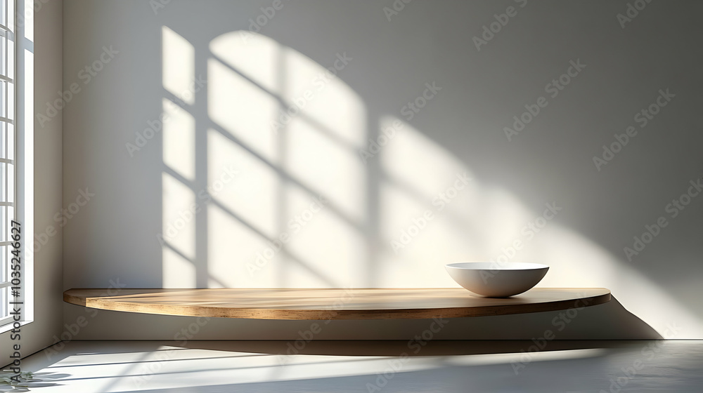 Minimalist Interior Design with a White Bowl on a Wooden Shelf in a Room with a Window Minimalist Interior Design with a White Bowl on a Wooden Shelf in a Room with a Window