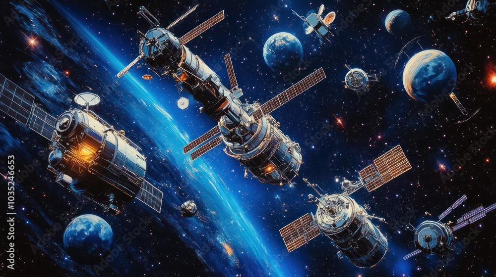 Naklejka premium Spacecraft orbiting Earth with solar panels and distant planets